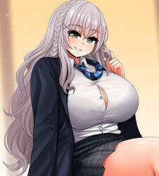 Rule 34 | braid, breasts, cleavage, green eyes, highres, hololive, large breasts, long hair, looking at viewer, necktie, playing with own hair, pleated skirt, shirogane noel, shirogane noel (school uniform), shirt, skirt, smile, tagme, the only shoe, virtual youtuber, white hair, white shirt