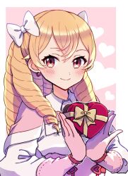 Rule 34 | 1girl, blonde hair, blush, bow, box, commentary, dress, drill hair, earrings, fire emblem, fire emblem awakening, gloves, gogatsu (yeaholiday), hair between eyes, hair bow, heart-shaped box, highres, holding, holding box, jewelry, long hair, long sleeves, maribelle (fire emblem), nintendo, pink dress, pink gloves, red eyes, smile, solo, very long hair, white bow