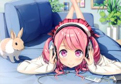 Rule 34 | 1girl, absurdres, blurry, closed mouth, couch, crossed ankles, depth of field, digital media player, feet up, headphones, highres, holding, holding headphones, indoors, kantoku, kurumi (kantoku), long hair, long sleeves, looking at viewer, lying, on couch, on stomach, original, painting (object), pink hair, plaid, plaid skirt, plant, pleated skirt, potted plant, purple eyes, rabbit, red skirt, skirt, sleeves past wrists, smile, solo, sweater, two side up, wavy hair, white sweater