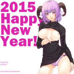 Rule 34 | 1girl, 2015, animal ears, artist name, black sweater, breasts, breasts apart, breasts out, clothes lift, contrapposto, cowboy shot, dated, dress, happy new year, highres, horns, jewelry, long sleeves, looking at viewer, medium breasts, meme attire, necklace, new year, nipples, open-chest sweater, original, panties, purple eyes, purple hair, purple panties, ribbed sweater, sheep ears, sheep girl, sheep horns, smile, solo, standing, sweater, sweater dress, sweater lift, tenjou tsuki, turtleneck, turtleneck sweater, underwear, watermark, web address