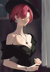 Rule 34 | 1girl, absurdres, backingbutterfly, black dress, black hat, black ribbon, bracelet, breasts, cleavage, collarbone, curtains, dangle earrings, dress, earrings, flower earrings, from side, gem, hat, hat ribbon, highres, indoors, jewelry, looking at viewer, looking to the side, medium breasts, necklace, original, painting (object), parted bangs, parted lips, red gemstone, red hair, ribbon, short hair, single bare shoulder, solo, upper body, yellow eyes