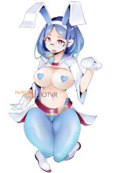 Rule 34 | 1girl, alternate breast size, animal ears, arm support, belt, blue hair, blue pants, breasts, cleavage, english text, fake animal ears, from above, full body, glasses, heart pasties, hot vr, large breasts, leotard, little witch academia, meme attire, navel, open mouth, pants, pasties, pixiv username, playboy bunny, rabbit ears, red belt, reverse bunnysuit, reverse outfit, rimless eyewear, short hair, simple background, solo, swept bangs, teeth, upper teeth only, ursula callistis, white background, white footwear, wrist cuffs