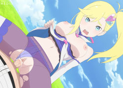 Rule 34 | 1boy, 1girl, blonde hair, blue sky, breasts, clothes lift, clothing aside, cowgirl position, cum, cum in pussy, grass, heart, hedit (artist), large breasts, lifting own clothes, looking at viewer, minerva (re:zero), natsuki subaru, navel, nipples, no bra, outdoors, panties, panties aside, pantyhose, ponytail, re:zero kara hajimeru isekai seikatsu, sex, side ponytail, sky, straddling, thighhighs, torn clothes, underwear, vaginal
