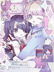 Rule 34 | 2girls, :d, ;d, ame-chan (needy girl overdose), black hair, black ribbon, blonde hair, blue bow, blue eyes, blue hair, blue shirt, blunt bangs, blush, blush stickers, bow, cat, chibi, chibi inset, chouzetsusaikawa tenshi-chan, collared shirt, commentary request, dual persona, glitch, hair bow, hair ornament, hair over one eye, heart, highres, hug, long hair, long sleeves, looking at viewer, multicolored hair, multiple girls, neck ribbon, needy girl overdose, one eye closed, open mouth, pien cat (needy girl overdose), pink bow, pink hair, purple bow, quad tails, red shirt, ribbon, sabanose, shirt, sign, skirt, smile, sparkle, standing, suspender skirt, suspenders, twintails, warning sign, window (computing), x hair ornament