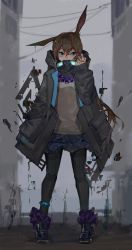 Rule 34 | 1girl, absurdres, amiya (arknights), animal ears, anklet, arknights, black coat, black footwear, black pantyhose, blue anklet, blue eyes, blue skirt, brown hair, building, clay (clayjun), coat, commentary request, covered mouth, full body, glitch, grey shirt, hand in pocket, hand up, highres, hood, hood down, hooded coat, jewelry, long hair, long sleeves, looking at viewer, mask, mask around neck, multiple rings, night, open clothes, open coat, originium arts (arknights), outdoors, pantyhose, purple neckwear, rabbit ears, ring, shirt, skirt, solo, standing