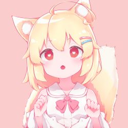 Rule 34 | 1girl, absurdres, ahoge, animal ear fluff, animal ears, blonde hair, borrowed character, bow, dress, dress bow, fang, fox ears, fox tail, hair between eyes, heart, heart-shaped pupils, highres, looking at viewer, medium hair, monochrome background, open mouth, original, paw pose, pink background, red eyes, shiomikaze, simple background, solo, symbol-shaped pupils, tail, upper body, white dress