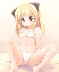 Rule 34 | 1girl, animal ears, bikini, blonde hair, blue eyes, blush, cameltoe, cat ears, closed mouth, commentary request, emurin, flat chest, frown, full body, heterochromia, long hair, looking at viewer, navel, original, solo, spread legs, swimsuit, undressing, white bikini, yellow eyes
