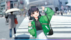 :d black_hair black_shirt blunt_bangs blush brown_eyes collared_shirt fang fuzuki_fuuro green_jacket highres jacket long_sleeves open_clothes open_jacket open_mouth original outdoors shirt skirt smile white_skirt