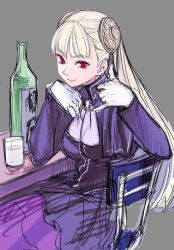 Rule 34 | 1girl, blonde hair, breasts, capcom, capcom fighting jam, cup, dress, gloves, grey background, ingrid (capcom), long hair, red eyes, simple background, sketch, smile, solo, street fighter, street fighter zero (series), tetsu (kimuchi), white gloves