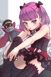 Rule 34 | 1girl, :t, bare arms, bare shoulders, belt, belt buckle, black bow, black dress, black footwear, black thighhighs, blush, boots, bow, breasts, buckle, cape, closed mouth, colonel olcott (fate), commentary request, doll, dress, dressing, fate/grand order, fate (series), glowing, glowing eyes, hair bow, helena blavatsky (fate), highres, knee up, looking at viewer, miya (miyaruta), pout, purple eyes, purple hair, red belt, red cape, short hair, sitting, small breasts, strapless, strapless dress, thighhighs, twintails, v-shaped eyebrows