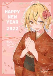 Rule 34 | 1girl, 2022, akagashi hagane, alternate costume, black hair, blonde hair, cherry blossom print, commentary request, egasumi, english text, fang, floral print, hair between eyes, hair ornament, happy new year, japanese clothes, kimono, kotoyoro, looking at viewer, multicolored hair, nail polish, new year, open mouth, own hands together, palms together, pink background, red kimono, red nails, signature, skin fang, smile, solo, streaked hair, toramaru shou, touhou, translation request, two-tone hair, upper body, yellow eyes