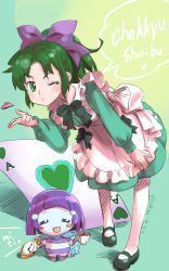 Rule 34 | 10s, 2girls, ace (playing card), ace of hearts, alice in wonderland, alternate costume, animalization, aoki reika, apron, blue hair, bow, card, dress, green dress, green eyes, green hair, hair bow, heart, highres, isedaichi ken, long hair, long sleeves, mary janes, midorikawa nao, multiple girls, one eye closed, pantyhose, playing card, ponytail, precure, shoes, smile precure!, white legwear