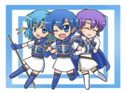Rule 34 | 3girls, :o, ;d, armor, armored dress, bell, blue eyes, blue hair, blue thighhighs, cape, chibi, closed eyes, fire emblem, fire emblem: the binding blade, gloves, headband, juno (fire emblem), multiple girls, nintendo, one eye closed, open mouth, polearm, purple hair, reverse (bluefencer), shanna (fire emblem), siblings, simple background, sisters, skirt, smile, spear, thea (fire emblem), thighhighs, weapon, white legwear, white skirt