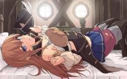 Rule 34 | 1girl, bare shoulders, black hat, black pantyhose, blue skirt, blush, boots, breasts, brown footwear, brown hair, cleavage, detached collar, granblue fantasy, hat, large breasts, lecia (granblue fantasy), long hair, looking at viewer, lying, on back, on bed, open mouth, pantyhose, peaked cap, pillow, pink thighhighs, purple eyes, shiseki hirame, skirt, solo, thigh boots, thighhighs, unworn hat, unworn headwear
