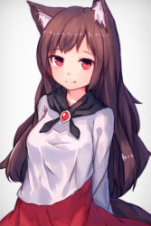 Rule 34 | 1girl, animal ear fluff, animal ears, arms behind back, brown hair, dress, fang, fang out, gradient background, highres, imaizumi kagerou, long hair, red eyes, shone, simple background, smile, solo, touhou, upper body, wolf ears