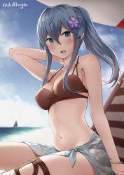 Rule 34 | 1girl, arm up, armpits, bare arms, bare shoulders, beach, bikini, blue eyes, blue hair, blue sky, blurry, blurry background, blush, breasts, cleavage, cloud, day, depth of field, driftkingtw, gotland (kancolle), gotland andra (kancolle), hair between eyes, halterneck, kantai collection, long hair, looking at viewer, medium breasts, mole, mole under eye, navel, ocean, open mouth, outdoors, sarong, sitting, sky, smile, solo, swimsuit