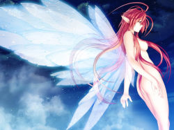 Rule 34 | 1girl, ass, breasts, cloud, completely nude, fairy, ignis, jingai makyou, long hair, medium breasts, night, nishii (damnedrive), nitroplus, nude, pointy ears, red hair, resized, solo, spoilers, standing, star (sky), star (symbol), very long hair, wallpaper, wings