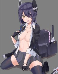 Rule 34 | 10s, 1girl, breasts, cleavage, clothes pull, eyepatch, fingerless gloves, gloves, gomashi (goma), headgear, kantai collection, large breasts, looking at viewer, machinery, no bra, open clothes, open mouth, open shirt, personification, purple hair, scabbard, sheath, shirt, short hair, sitting, skirt, skirt pull, solo, sword, tenryuu (kancolle), thighhighs, turret, wariza, weapon, yellow eyes