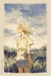 Rule 34 | 1girl, closed eyes, commentary, facing to the side, grass, highres, original, outdoors, pleated skirt, profile, shirt, short hair, skirt, sky, solo, standing, traditional media, u tsumi, white hair, white shirt, wind