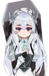 Rule 34 | 1girl, black hairband, bridal gauntlets, butterfly hair ornament, chaika trabant, closed mouth, dokomon, dress, frilled hairband, frills, girls&#039; frontline, grey hair, hair between eyes, hair ornament, hairband, hand up, hitsugi no chaika, juliet sleeves, long hair, long sleeves, puffy sleeves, purple eyes, simple background, smile, solo, thick eyebrows, upper body, very long hair, white background, white dress