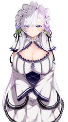 Rule 34 | 1girl, alternate costume, azur lane, belfast (azur lane), breasts, choker, cleavage, commentary request, dress, flower, frilled choker, frills, gloves, hair flower, hair ornament, highres, large breasts, long hair, looking at viewer, maid, maid headdress, own hands together, purple eyes, raru (nanaharararu), skirt, standing, very long hair, white background, white dress, white gloves, white hair, white skirt, wide sleeves