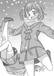 Rule 34 | !, !!, 2girls, balancing, breath, coat, cold, commentary, falling, greyscale, happy, heanna sumire, leg up, long hair, looking down, love live!, love live! superstar!!, marugoshi teppei, monochrome, motion lines, multiple girls, night, open mouth, outstretched arms, scarf, school uniform, short hair, slipping, smile, snowflakes, spread arms, standing, standing on one leg, tang keke, thighhighs, upskirt, winter clothes, winter coat, winter gloves, yuigaoka school uniform