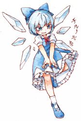 Rule 34 | 1girl, blue bow, blue dress, blue eyes, blue footwear, blue hair, bow, character name, collared dress, dated, detached wings, dress, full body, grin, hair bow, ice, ice wings, kibayashi kimori, mary janes, neck ribbon, red ribbon, ribbon, shoes, short hair, short sleeves, signature, simple background, smile, socks, solo, touhou, traditional media, v-shaped eyebrows, white background, white socks, wings
