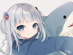 Rule 34 | 1girl, artist name, bad id, bad pixiv id, blue hair, blue hoodie, gawr gura, grey background, hololive, hololive english, hood, hoodie, multicolored hair, nono chitose, hugging object, silver hair, smile, solo, streaked hair, stuffed animal, stuffed shark, stuffed toy, two side up, virtual youtuber