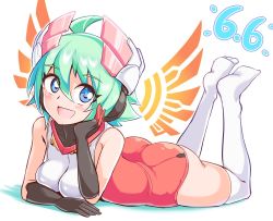 Rule 34 | 1girl, ahoge, ass, azure striker gunvolt, black gloves, blue eyes, breasts, commentary, cougar (cougar1404), dated, elbow gloves, gloves, green hair, head rest, headgear, leotard, looking at viewer, lying, medium breasts, no shoes, on stomach, open mouth, red leotard, roro (gunvolt), short hair, simple background, sleeveless, smile, solo, thighhighs, white background, white thighhighs