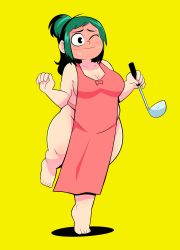 Rule 34 | 1girl, absurdres, apron, bare arms, bare legs, bare shoulders, barefoot, blush, boku no hero academia, breasts, closed mouth, collarbone, curvy, feet, full-face blush, full body, green hair, herny, highres, large breasts, legs, midoriya inko, naked apron, one eye closed, plump, ponytail, simple background, solo, standing, standing on one leg, tiptoes, toes, wavy mouth, yellow background