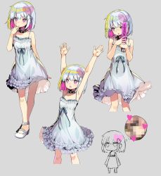 Rule 34 | 1girl, alice soft, arm behind back, armpits, arms up, bare arms, blue ribbon, censored, closed mouth, collar, commentary request, dildo, dohna dohna issho ni warui koto o shiyou, dress, expressionless, frilled dress, frills, full body, grey background, grey footwear, hair ornament, hand up, heart, heart hair ornament, holding, mary janes, mosaic censoring, multicolored hair, multiple views, onono imoko, open mouth, original, porno (dohna dohna), purple eyes, ribbon, sex toy, shoes, short hair, simple background, spiked collar, spikes, standing, thought bubble, tongue, tongue out