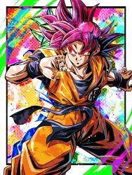 Rule 34 | 1boy, absurdres, blue sash, blue undershirt, commentary request, dougi, dragon ball, dragon ball super, highres, looking at viewer, muscular, muscular male, orange pants, orange shirt, pants, pectorals, red eyes, red hair, sash, shirt, smile, solo, son goku, spiked hair, super saiyan, super saiyan god, ushi (akabec0)