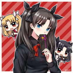 Rule 34 | 1girl, artist name, black bow, black shirt, blue eyes, blush, bow, bowtie, box, brown hair, covering own mouth, ereshkigal (fate), fate (series), hair between eyes, hair bow, holding, holding box, ishtar (fate), kelinch1, long hair, long sleeves, looking at viewer, red background, red bow, red bowtie, shirt, solo, striped, striped background, tohsaka rin, twintails, two side up, upper body, valentine