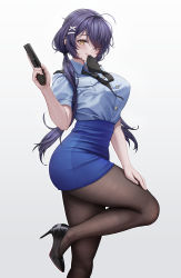 Rule 34 | 1girl, absurdres, black footwear, black necktie, black pantyhose, blue skirt, breasts, closed mouth, collared shirt, commentary request, crossed bangs, eyelashes, gun, hair ornament, hand on own thigh, hand up, handgun, high heels, highres, holding, holding gun, holding weapon, knee up, low twintails, mouth hold, necktie, necktie in mouth, original, pantyhose, parted bangs, pencil skirt, pistol, pocket, police, police uniform, policewoman, purple hair, seamed legwear, shadow, shiro (user wegy5455), shirt, short sleeves, simple background, skirt, slit pupils, solo, standing, standing on one leg, twintails, uniform, weapon, white background, x hair ornament, yellow eyes
