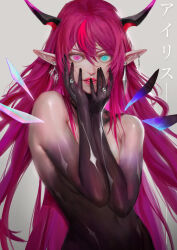 Rule 34 | 1girl, black skin, blue eyes, breasts, colored skin, commentary, crystal wings, earrings, grey background, hair between eyes, heterochromia, highres, hololive, hololive english, horns, irys (hololive), jewelry, long hair, looking at viewer, medium breasts, multicolored hair, navel, parted lips, pink eyes, pointy ears, ring, simple background, solo, teeth, thedurianart, two-tone hair, upper body, very long hair, virtual youtuber, wings