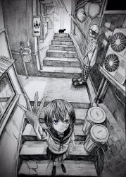 Rule 34 | 1girl, 1other, animal, balloon, building, cat, looking at viewer, original, sakiika0513, scenery, stairs, traditional media, trash can, uniform, valley