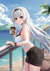 Rule 34 | 1girl, azur lane, bare arms, bare shoulders, black shorts, blue eyes, breasts, closed mouth, cowboy shot, crop top, cup, day, disposable cup, from side, hairband, highres, holding, large breasts, long hair, looking at viewer, looking to the side, mainz (azur lane), midriff, outdoors, shirt, short shorts, shorts, sleeveless, sleeveless shirt, smile, smodzz998, solo, standing, very long hair, watch, white hair, white shirt, wristwatch