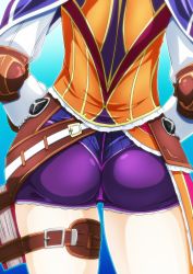 Rule 34 | 1girl, artist request, ass, ass focus, blue background, cowboy shot, falcom, from behind, gradient background, head out of frame, highres, laxia (ys), shiny clothes, shiny skin, short shorts, shorts, skin tight, solo, tappa (esperanza), thigh strap, wedgie, ys, ys viii lacrimosa of dana