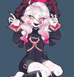 Rule 34 | 1girl, blue nails, briar (league of legends), detached sleeves, fingernails, grey hair, hair between eyes, hands up, highres, junko (funkywoomy), league of legends, long hair, looking at viewer, multicolored hair, open mouth, pink hair, pointy ears, sharp fingernails, sharp teeth, simple background, smile, solo, teeth, two-tone hair, vampire