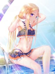 Rule 34 | 1girl, abigail williams (emerald float) (fate), abigail williams (fate), absurdres, bare arms, bare shoulders, bikini, black bikini, black bow, blonde hair, blush, bow, breasts, closed mouth, commentary request, dated, emerald float, fate/grand order, fate (series), forehead, frilled bikini, frills, highres, kinom (sculpturesky), knee up, long hair, looking at viewer, microskirt, mouth hold, multiple bows, navel, official alternate costume, orange bow, orange ribbon, parted bangs, pool, poolside, purple eyes, ribbon, ribbon in mouth, signature, sitting, skirt, small breasts, solo, swimsuit, tying hair, very long hair, water, wet