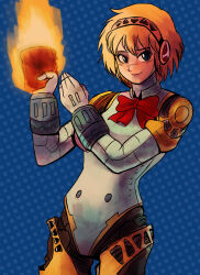 1girl absurdres aegis_(persona) android blonde_hair blue_background blue_eyes bow bowtie bread bread_slice breasts chakkrx commentary cowboy_shot english_commentary fire food highres holding_breath joints medium_breasts persona persona_3 persona_3_reload red_bow red_bowtie robot_ears robot_girl robot_joints short_hair smile solo toast