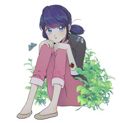 Rule 34 | 1girl, black jacket, blue eyes, blue hair, bug, butterfly, highres, insect, jacket, lb black22, looking to the side, marinette dupain-cheng, miraculous ladybug, open clothes, open jacket, pants, pink footwear, pink pants, short twintails, sitting, solo, twintails