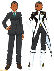 Rule 34 | 2girls, black collar, black eyebrows, black eyes, black hair, black pants, black pocket, black sleeves, black suit, boots, breast pocket, brown footwear, brown sleeves, brown uniform, button gap, buttons, closed mouth, coattails, collar, collared shirt, cross-laced footwear, double-breasted, dual persona, elbow gloves, famitsu, formal, gloves, gold buttons, green necktie, hair bun, hair pulled back, hand on own hip, horizontal-striped sleeves, looking at viewer, looking up, mature female, military uniform, multiple girls, necktie, official art, pant suit, pants, pocket, sagitta weinberg, sakura taisen, sakura taisen v, second-party source, sega, shirt, simple background, standing, striped clothes, striped collar, striped pants, striped shirt, suit, tall female, uniform, vertical-striped clothes, vertical-striped pants, vertical-striped shirt, watermark, white background, white footwear