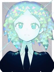Rule 34 | 1other, a (poipiku 325815), androgynous, black necktie, border, closed mouth, collared shirt, colored eyelashes, colored skin, commentary request, crystal hair, gem uniform (houseki no kuni), glowing, glowing hair, green eyes, green hair, grey background, houseki no kuni, looking at viewer, necktie, other focus, phosphophyllite, shirt, short hair, solo, upper body, white border, white shirt, white skin