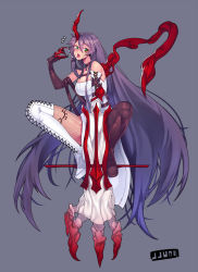 Rule 34 | 1girl, absurdly long hair, animal collar, artist name, asymmetrical footwear, asymmetrical legwear, asymmetrical sleeves, bad id, bad pixiv id, bare shoulders, black thighhighs, boots, breasts, claws, cleavage, closers, collar, detached sleeves, dress, fishnets, green eyes, grey background, hair between eyes, highres, horns, huge breasts, jjune, long hair, looking at viewer, mismatched footwear, mismatched legwear, mismatched sleeves, open mouth, purple hair, saliva, saliva trail, simple background, single horn, solo, squatting, strapless, strapless dress, thigh boots, thighhighs, tongue, uneven legwear, very long hair, white dress