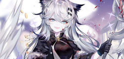 Rule 34 | 1girl, :d, animal ears, arknights, black dress, black gloves, blood, blood on face, commentary request, dress, gloves, grey eyes, hair between eyes, hair ornament, hairclip, head tilt, holding, holding sword, holding weapon, lappland (arknights), lappland (refined horrormare) (arknights), long hair, looking at viewer, official alternate costume, open mouth, sheya, silver hair, smile, solo, sword, upper body, weapon, wolf ears
