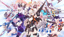 Rule 34 | 1boy, 6+girls, absurdres, ahoge, ai-chan (honkai impact), animal ears, armor, armored dress, banner, bare shoulders, benares (honkai impact), black dress, black gloves, black hair, black legwear, blood embrace, blue eyes, blue hair, blue legwear, blush, boots, bra, braid, breasts, bronya zaychik, bronya zaychik (herrscher of reason), brown eyes, captain (honkai impact), chibi, china dress, chinese clothes, claymore (sword), cleavage, closed mouth, collarbone, cropped jacket, cropped vest, crossed bangs, detached collar, detached sleeves, double bun, dragon, dress, drill hair, dual wielding, earrings, elbow gloves, everyone, fang, feathers, fingerless gloves, flat chest, floating hair, fox ears, fox tail, fu hua, fu hua (phoenix), full body, gauntlets, gloves, gold trim, gradient hair, green hair, grey hair, grin, gun, hair between eyes, hair bun, hair flaps, hair ornament, hair over one eye, hair ribbon, hat, heterochromia, high collar, highres, higokumaru, holding, holding gun, holding lance, holding polearm, holding scythe, holding sword, holding weapon, honkai (series), honkai impact 3rd, horns, huge ahoge, jacket, japanese clothes, jewelry, jingwei&#039;s wings, kallen kaslana, kallen kaslana (sin hunter), kiana kaslana, kiana kaslana (void drifter), lance, large breasts, layered dress, liliya olenyeva, long hair, looking at viewer, mask, mask on head, medium breasts, military, military uniform, multicolored hair, multiple girls, murata himeko, murata himeko (vermillion knight), off shoulder, open clothes, open mouth, pants, pantyhose, parted bangs, parted lips, partial bodysuit, pelvic curtain, pink hair, polearm, ponytail, project bunny, purple eyes, purple hair, quad drills, raiden mei, raiden mei (lightning empress), red eyes, red hair, ribbon, rita rossweisse, rita rossweisse (artemis), rozaliya olenyeva, scythe, seele vollerei, seele vollerei (swallowtail phantasm), short hair, shorts, side braid, side ponytail, side slit, sidelocks, single braid, single elbow glove, sirin, skirt, small breasts, smile, standing, streaked hair, striped clothes, striped legwear, striped pantyhose, sword, symbol-shaped pupils, tail, theresa apocalypse, theresa apocalypse (twilight paladin), thick eyebrows, thighhighs, thighlet, torn clothes, torn skirt, turquoise (gemstone), twin braids, underwear, uniform, very long hair, vest, weapon, white gloves, white legwear, white pants, ya lei wusheng, yae sakura, yae sakura (goushinnso memento), yellow eyes