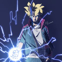 Rule 34 | 1boy, absurdres, blonde hair, blue eyes, boruto: naruto next generations, byakugan, child, cowboy shot, facial mark, fighting stance, forehead protector, frown, highres, horns, jacket, lightning, looking at viewer, male focus, naruto (series), ootsutsuki momoshiki, open clothes, open jacket, rasengan, ross (doodlrenzo), serious, short hair, single horn, solo, spoilers, torn clothes, torn jacket, uzumaki boruto, wind