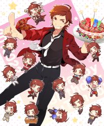 Rule 34 | 10s, 1boy, bad id, bad pixiv id, book, boxing gloves, cake, candle, chibi, desk, facial hair, flag, food, from above, goatee, idolmaster, idolmaster side-m, l (matador), male focus, multiple persona, multiple views, necktie, red eyes, red hair, smile, tendo teru