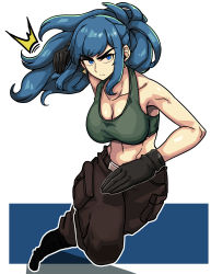 Rule 34 | !, absurdres, belt, black gloves, blue eyes, blue hair, breasts, cleavage, collarbone, earrings, fighting stance, gloves, high ponytail, highres, jewelry, leona heidern, long hair, looking at viewer, masgamjya, midriff, military, navel, pants, ponytail, snk, soldier, tank top, the king of fighters, thick eyebrows, white background